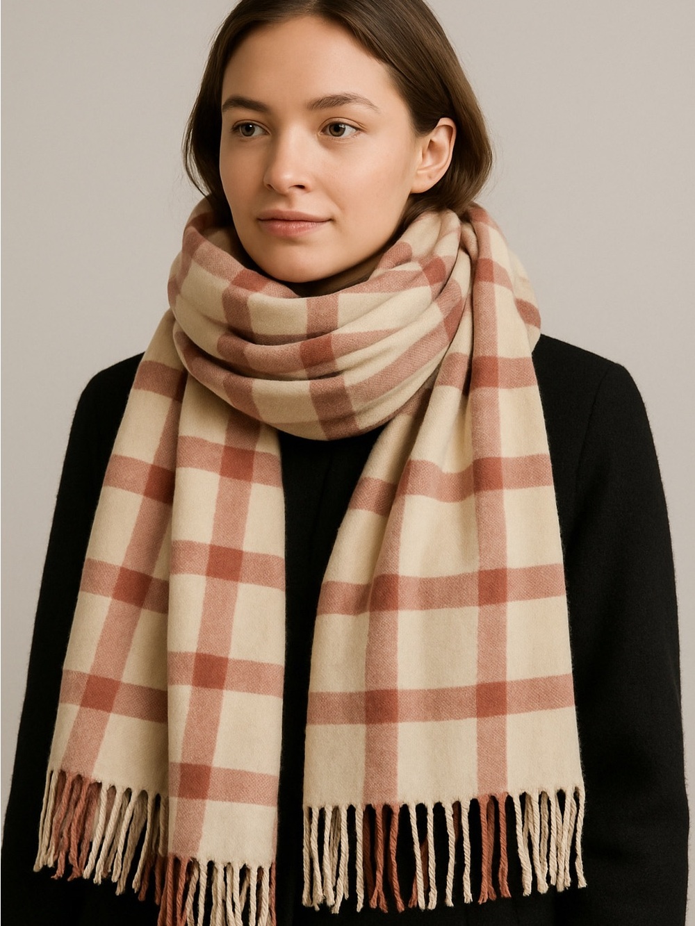 FRANK AND OAK wool blend blanket scarf Dusty Rose cream Plaid Fringe Scarf 24x81